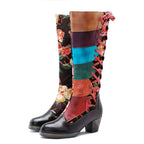 Handmade Leather Embossed Patchwork Adjustable Boots