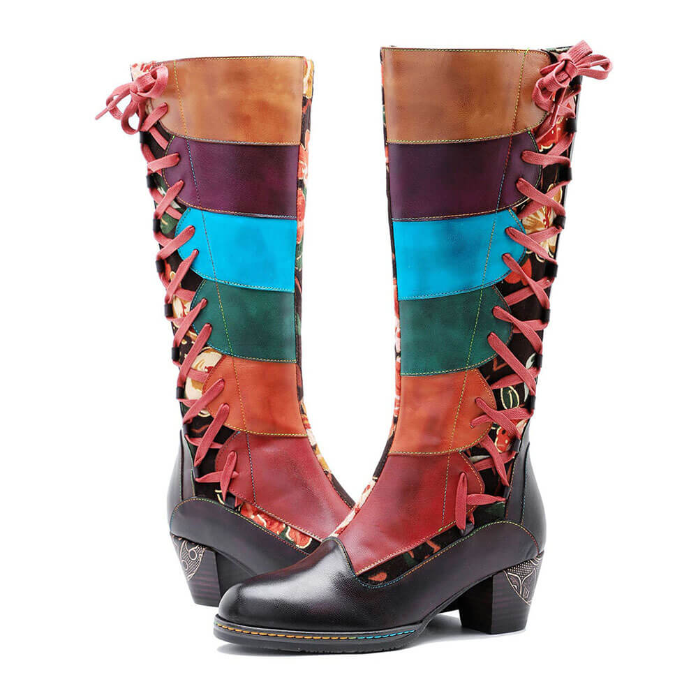 Handmade Leather Embossed Patchwork Adjustable Boots
