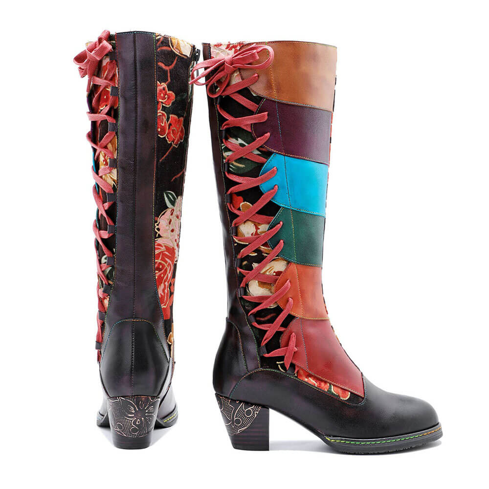 Handmade Leather Embossed Patchwork Adjustable Boots