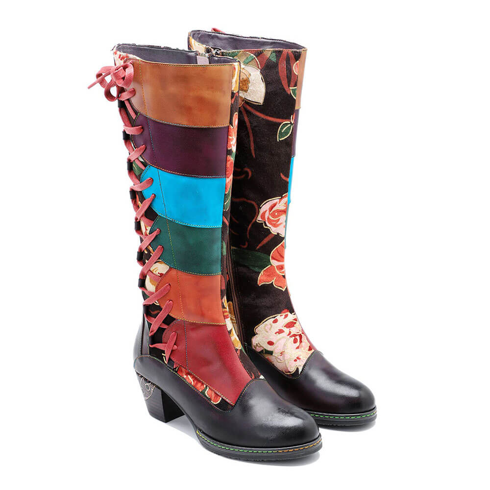 Handmade Leather Embossed Patchwork Adjustable Boots