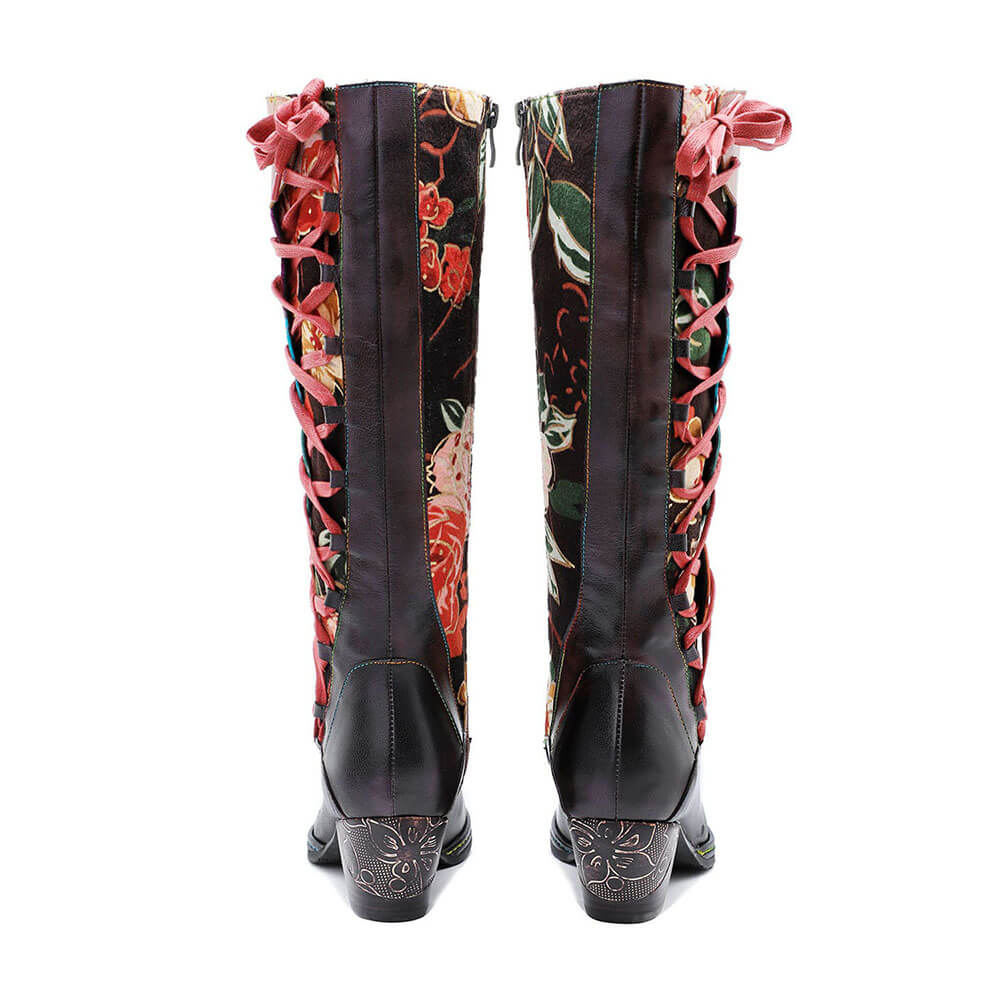Handmade Leather Embossed Patchwork Adjustable Boots