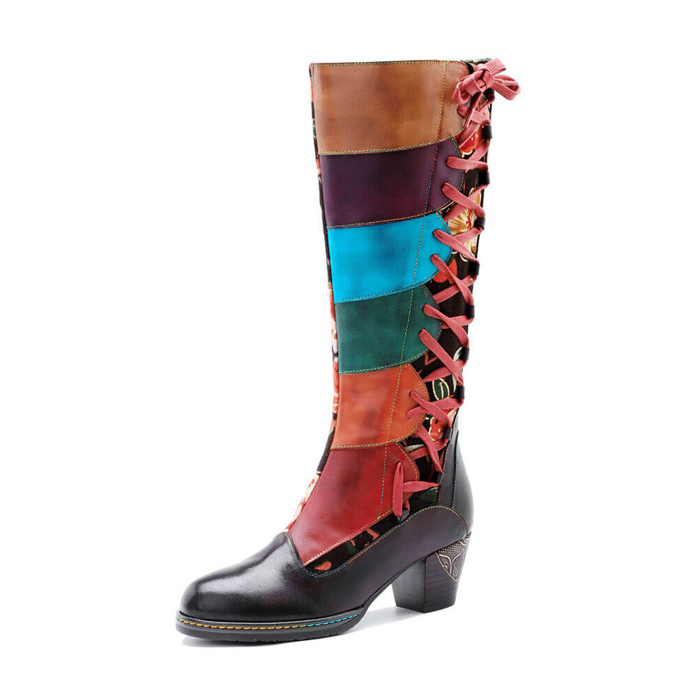 Handmade Leather Embossed Patchwork Adjustable Boots