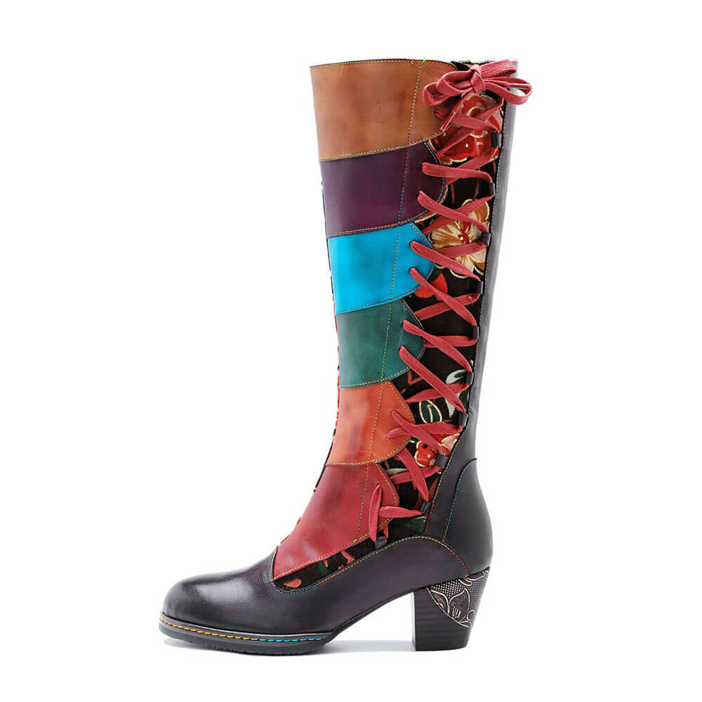 Handmade Leather Embossed Patchwork Adjustable Boots