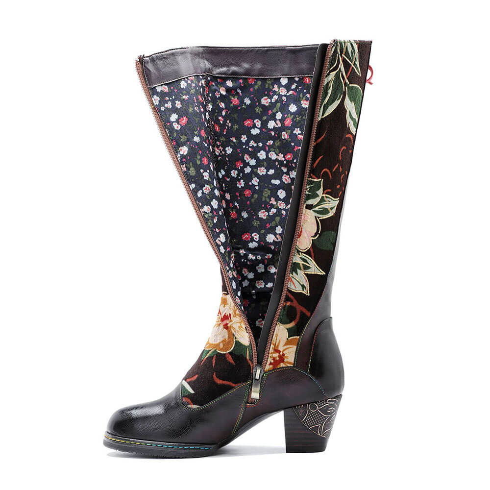 Handmade Leather Embossed Patchwork Adjustable Boots