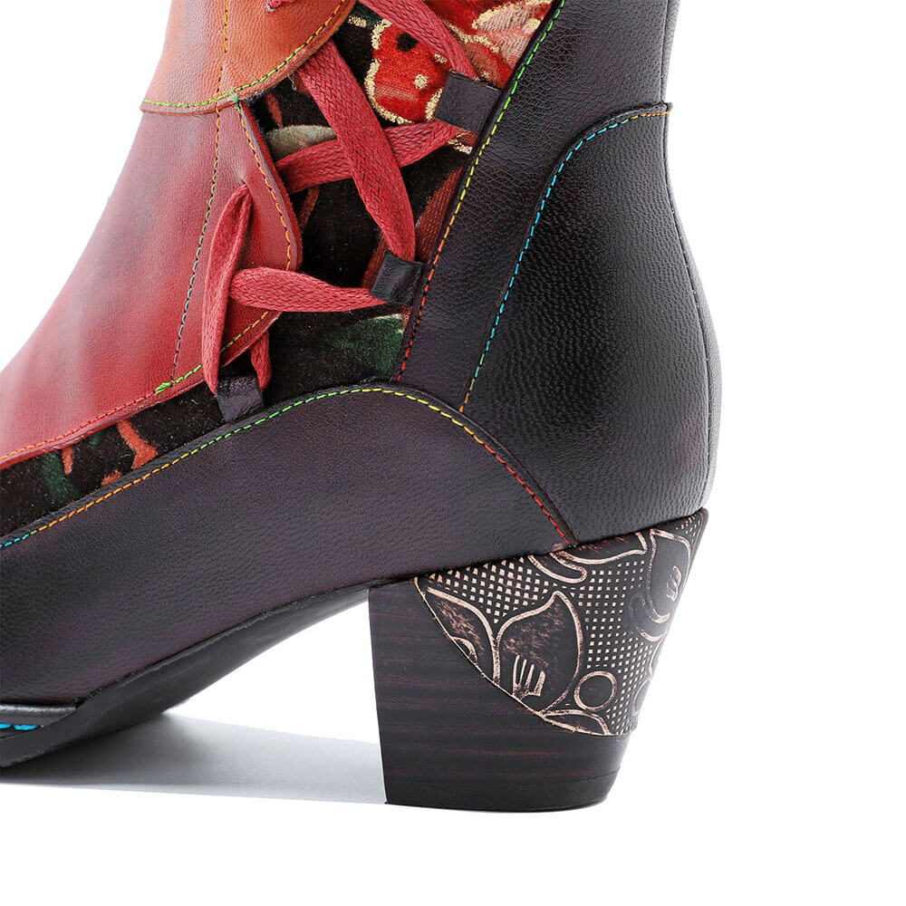 Handmade Leather Embossed Patchwork Adjustable Boots