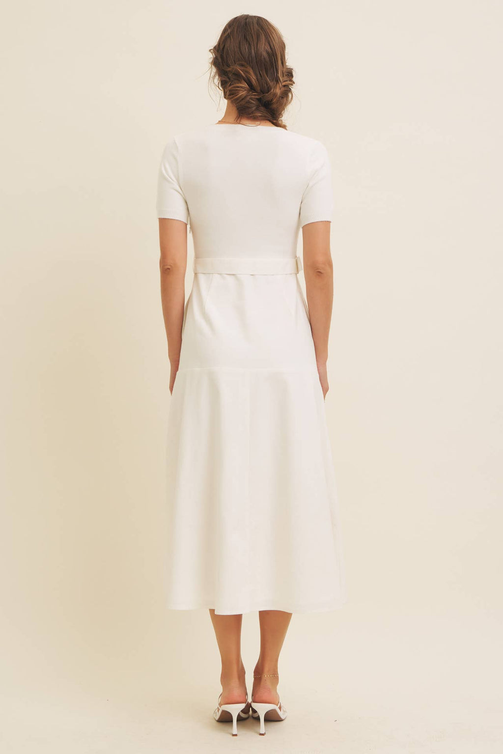DELANEY- Super Soft White Mixed Media Sweater Midi Dres with Belt