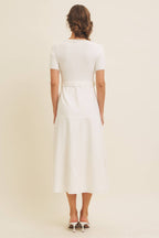 DELANEY- Super Soft White Mixed Media Sweater Midi Dres with Belt