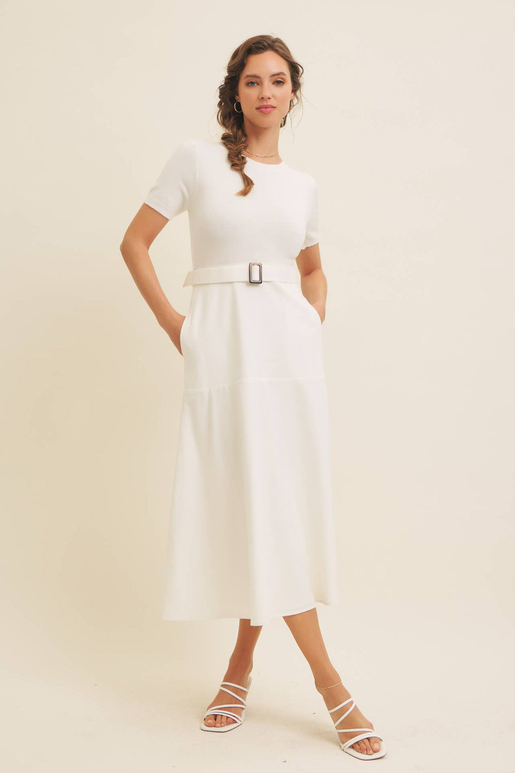 DELANEY- Super Soft White Mixed Media Sweater Midi Dres with Belt