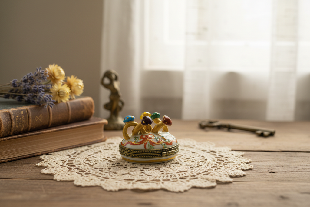 Decorative ceramic piece on a lace doily with books and keys in the background