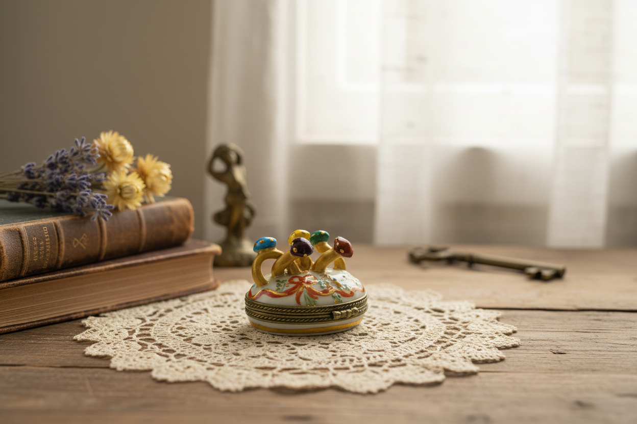 Decorative ceramic piece on a lace doily with books and keys in the background