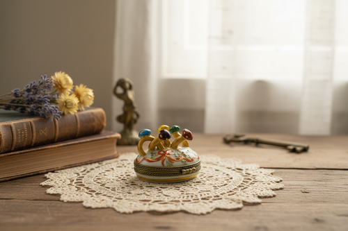 Decorative ceramic piece on a lace doily with books and keys in the background