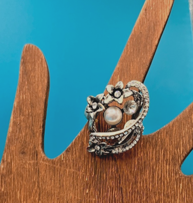 Silver Floral Ring with Pearl and Crystal - LADYBIRD LAUGH