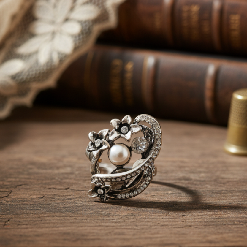 Decorative ring with pearls and crystals on a wooden stand against a blue background