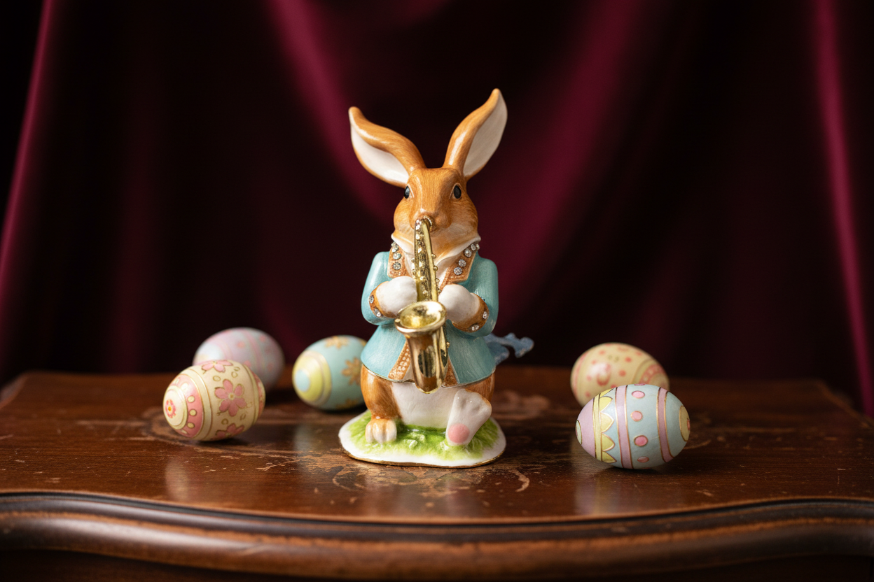 Figurine of a rabbit playing a saxophone on a blue background