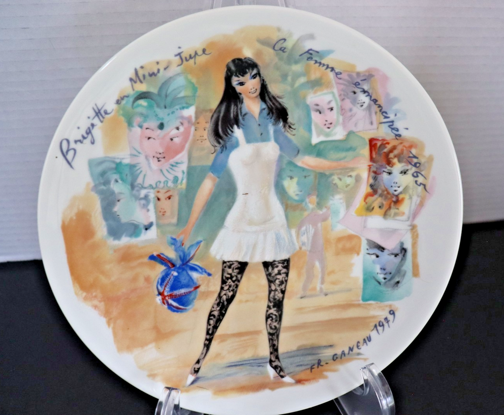 Decorative plate with a stylized illustration of a woman in an apron and tights, surrounded by colorful elements.