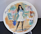 Decorative plate with a stylized illustration of a woman in an apron and tights, surrounded by colorful elements.