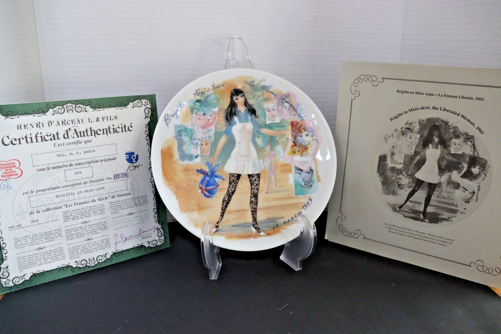 Limoges plate "Brigitte in Mini-skirt, the Liberated woman 1965"