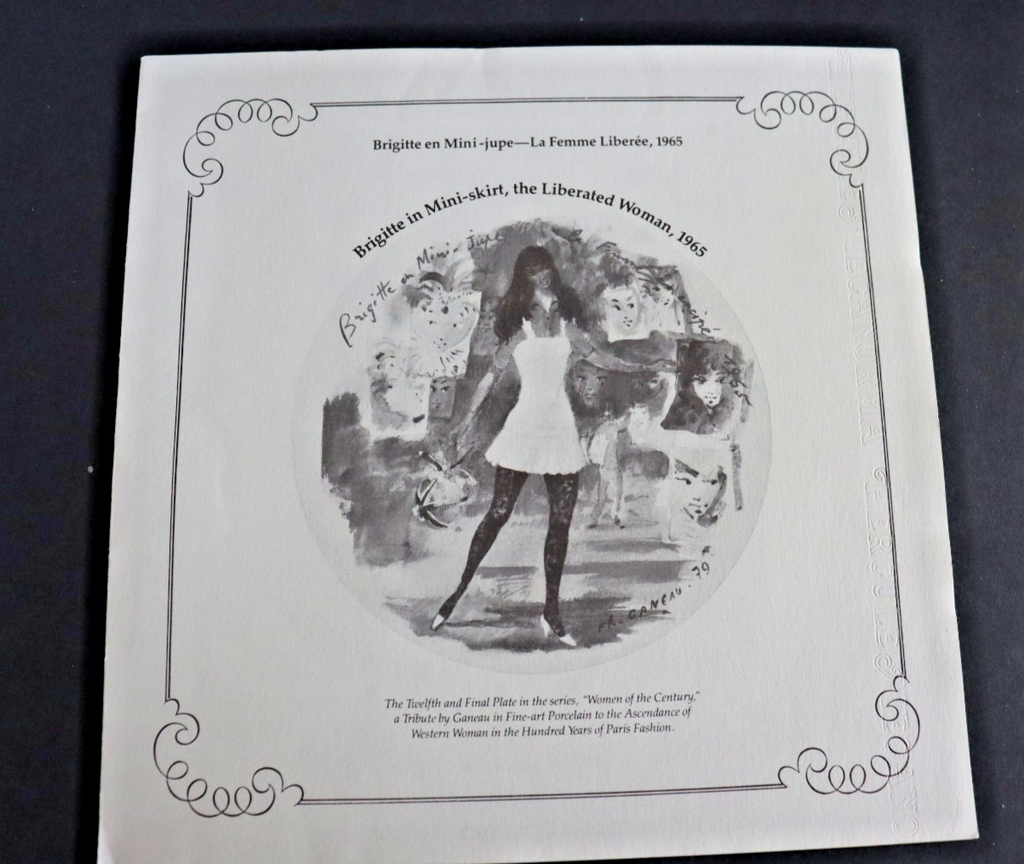 Black and white illustration of a woman in a mini-skirt on a decorative paper background.