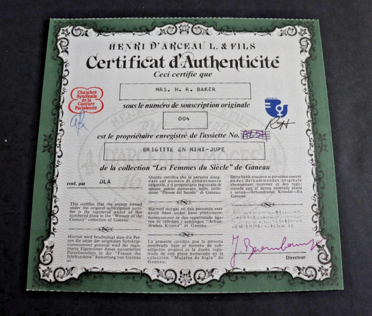 Certificate of Authenticity with decorative border on a dark background