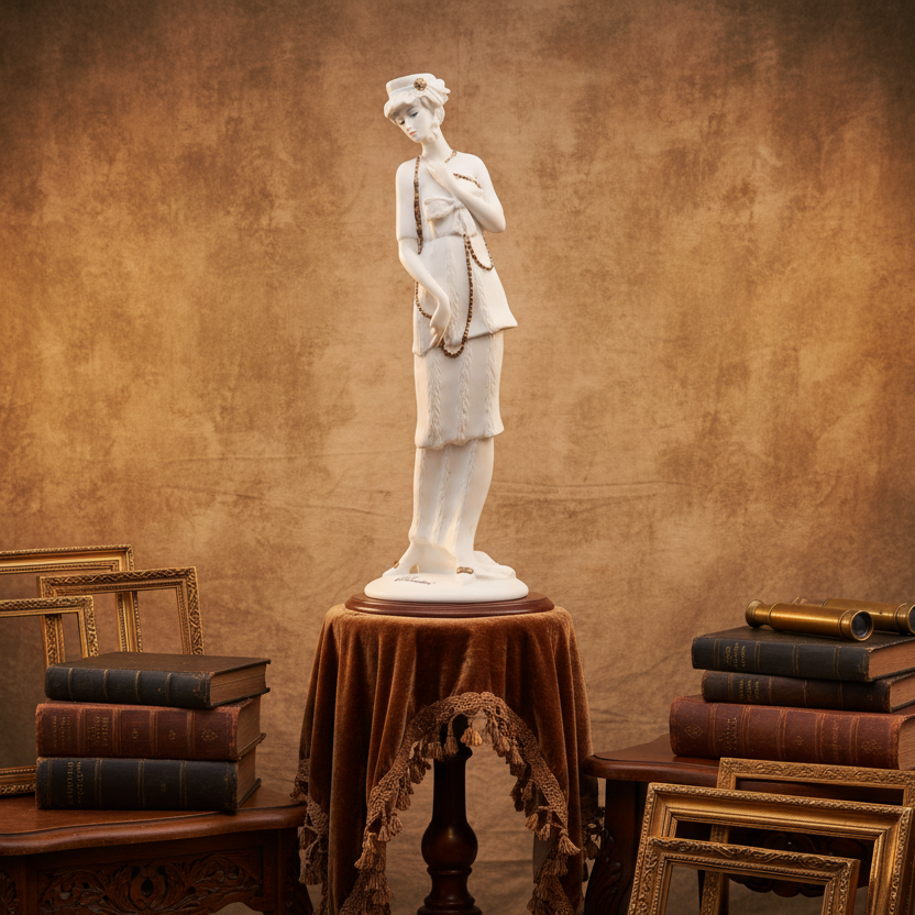 Statue on a pedestal with books and a mirror against a textured wall.