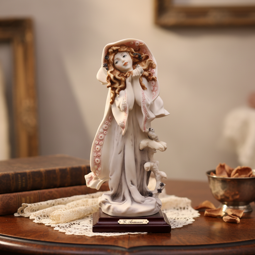 Statue of a woman on a wooden table with books and a teacup in the background