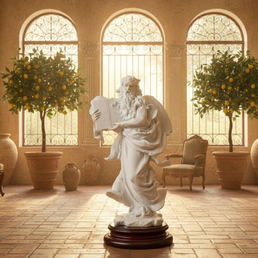 Statue of a bearded figure holding a book on a wooden base against a white background