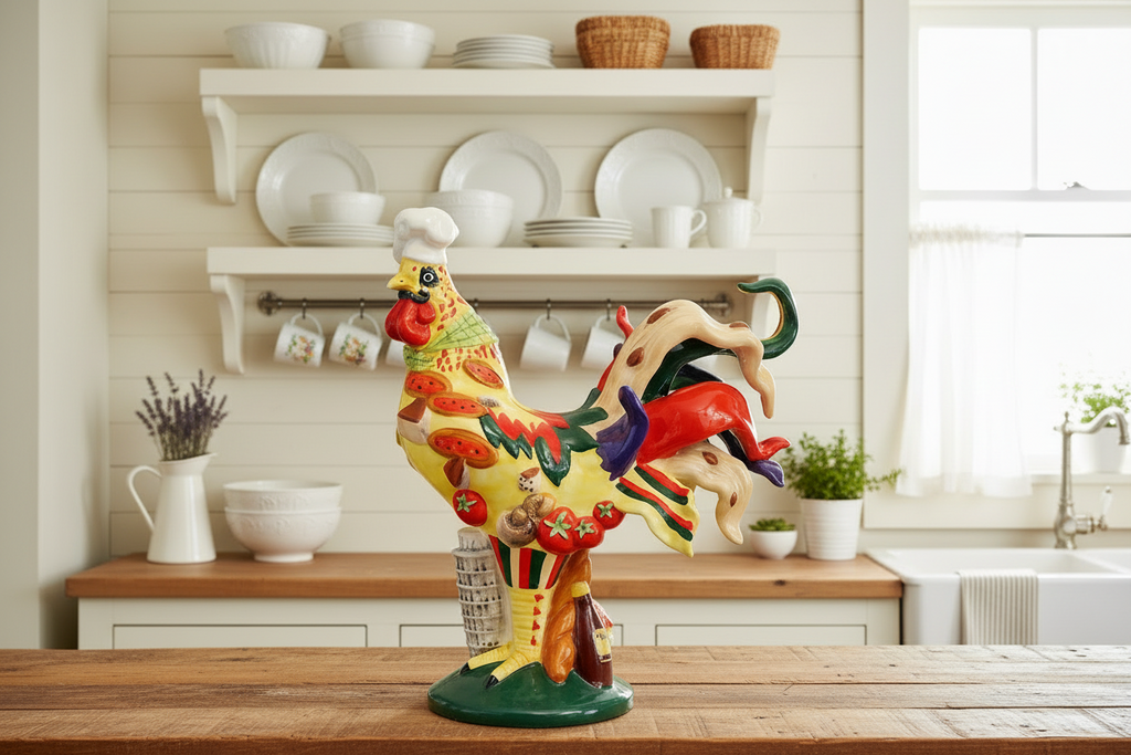 Colorful ceramic rooster on a kitchen counter with shelves in the background
