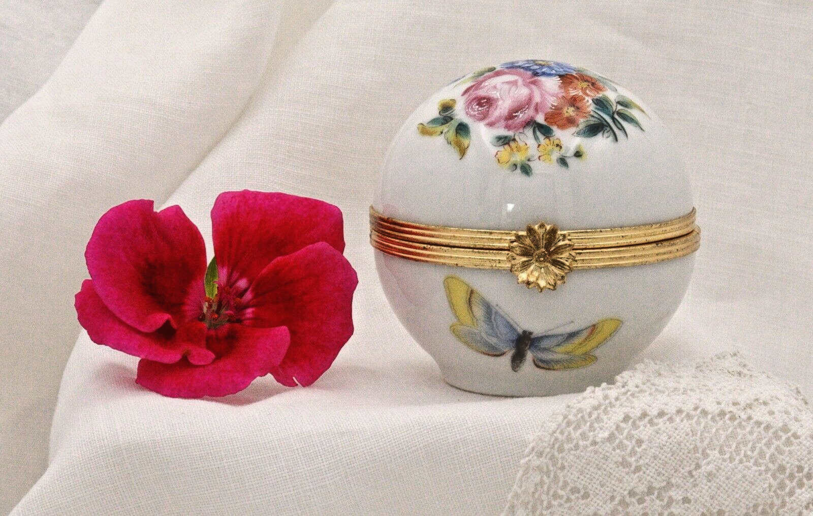 Limoges, France Artoria Round Trinket box with butterflies, moths, flowers - LADYBIRD LAUGH