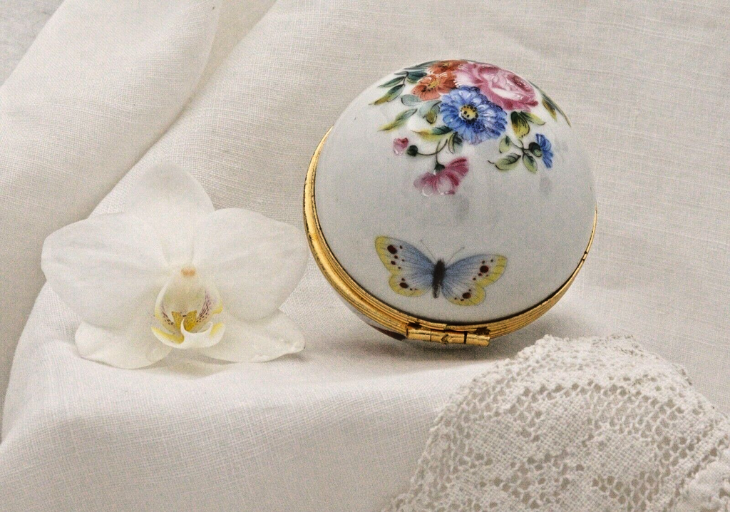 Limoges, France Artoria Round Trinket box with butterflies, moths, flowers - LADYBIRD LAUGH