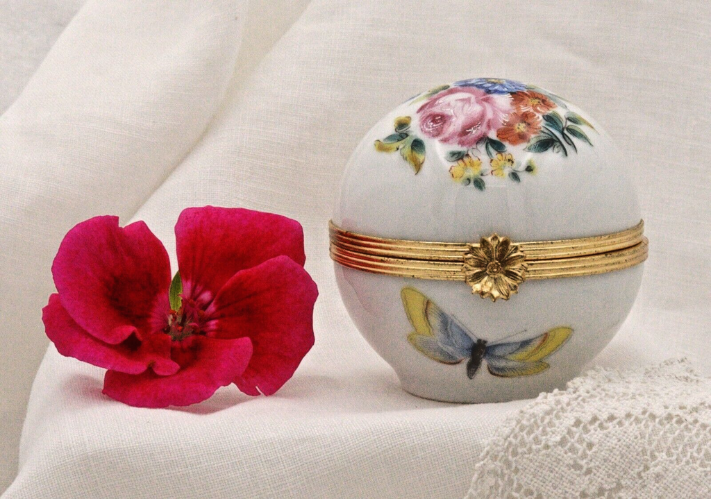 Limoges, France Artoria Round Trinket box with butterflies, moths, flowers - LADYBIRD LAUGH