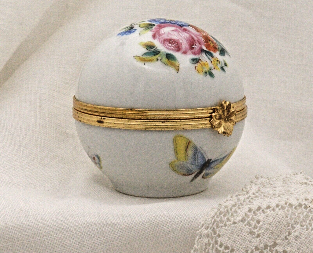 Limoges, France Artoria Round Trinket box with butterflies, moths, flowers - LADYBIRD LAUGH