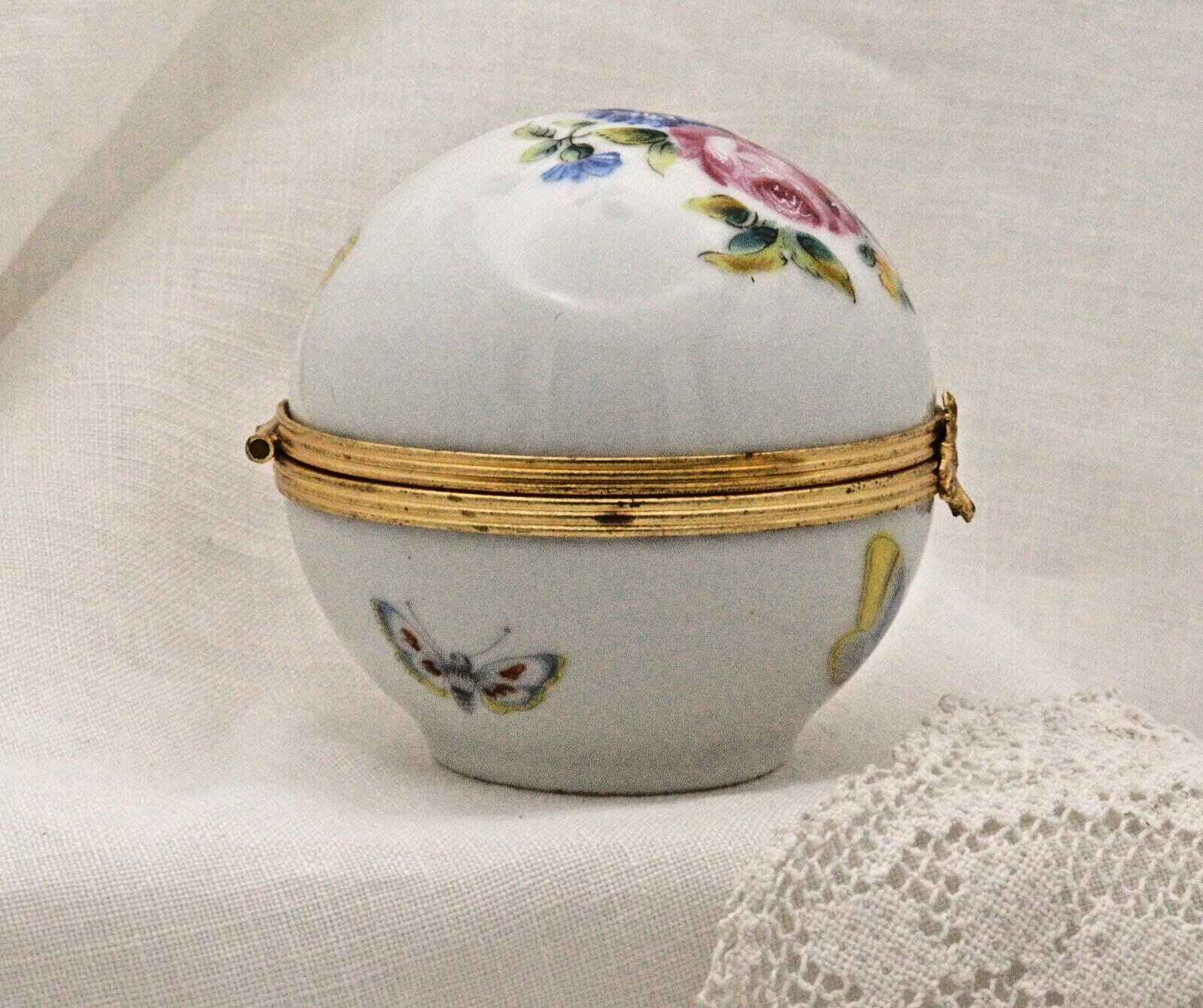 Limoges, France Artoria Round Trinket box with butterflies, moths, flowers - LADYBIRD LAUGH