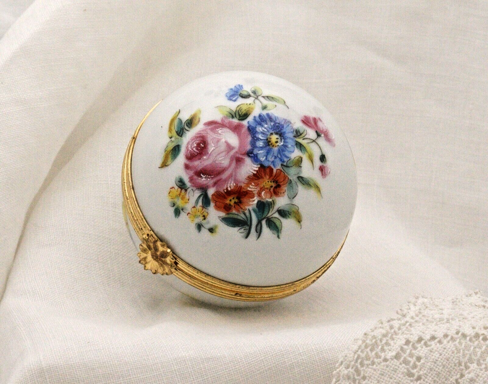 Limoges, France Artoria Round Trinket box with butterflies, moths, flowers - LADYBIRD LAUGH