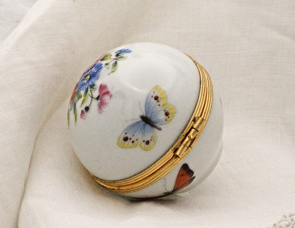 Limoges, France Artoria Round Trinket box with butterflies, moths, flowers - LADYBIRD LAUGH
