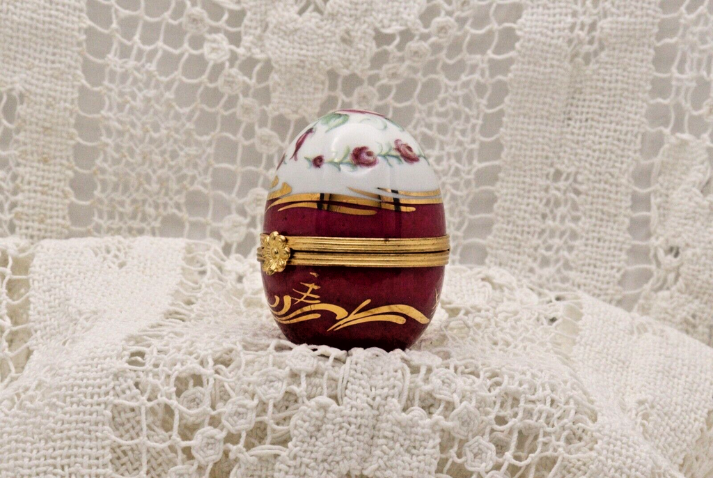Limoges, France. Artoria. Egg shaped trinket box with roses - LADYBIRD LAUGH