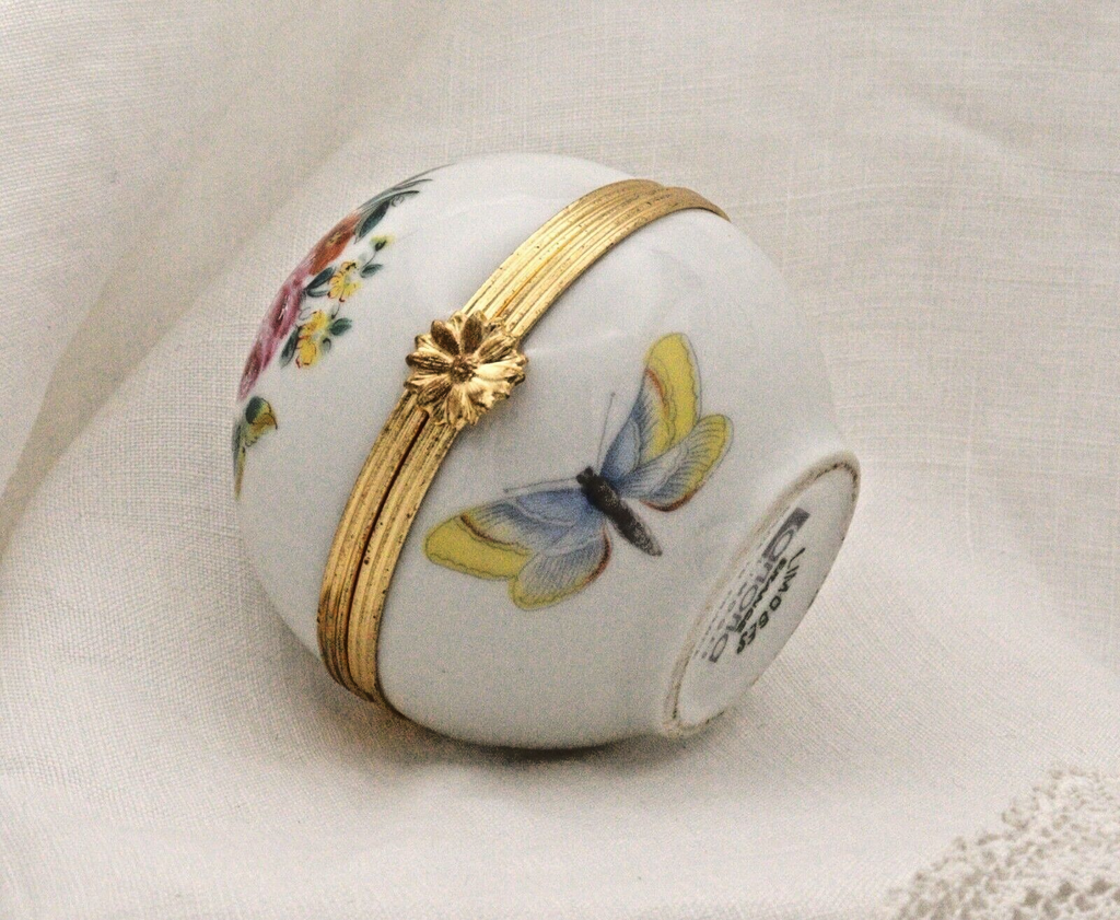 Limoges, France Artoria Round Trinket box with butterflies, moths, flowers - LADYBIRD LAUGH