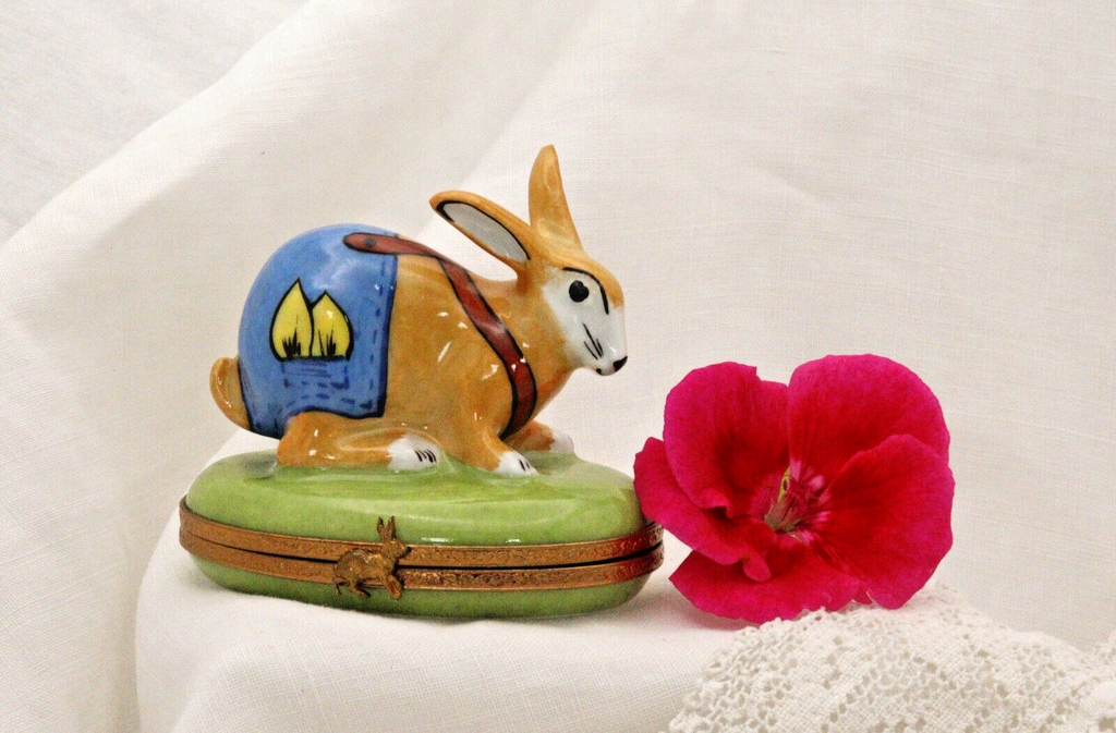 Limoges, Peint Main, Signed  Bunny Rabbit in overalls Rabbit Clasp Carrots insid - LADYBIRD LAUGH