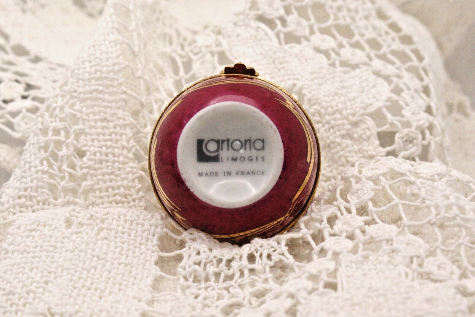 Limoges, France. Artoria. Egg shaped trinket box with roses - LADYBIRD LAUGH