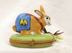 Limoges, Peint Main, Signed  Bunny Rabbit in overalls Rabbit Clasp Carrots insid - LADYBIRD LAUGH