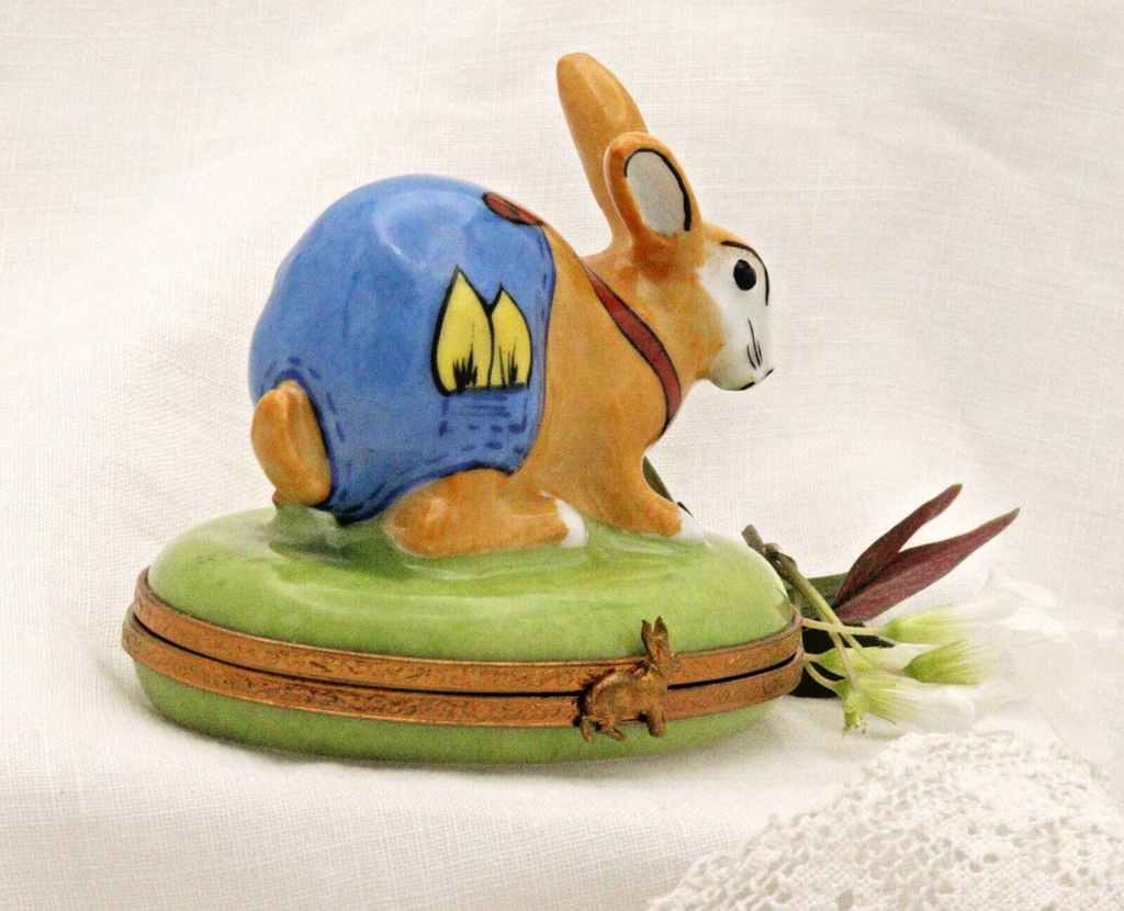 Limoges, Peint Main, Signed  Bunny Rabbit in overalls Rabbit Clasp Carrots insid - LADYBIRD LAUGH