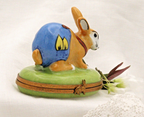 Limoges, Peint Main, Signed  Bunny Rabbit in overalls Rabbit Clasp Carrots insid - LADYBIRD LAUGH