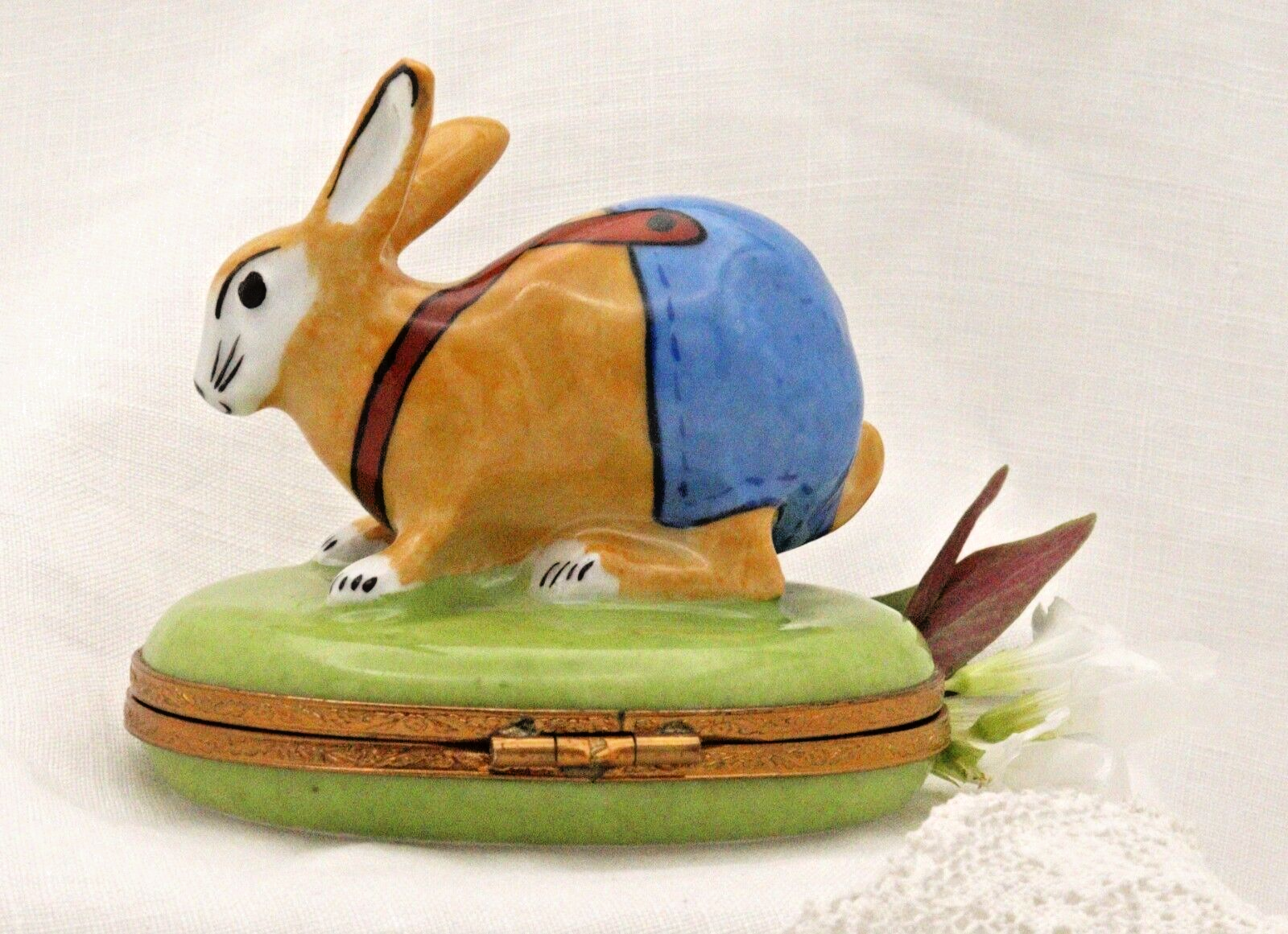 Limoges, Peint Main, Signed  Bunny Rabbit in overalls Rabbit Clasp Carrots insid - LADYBIRD LAUGH