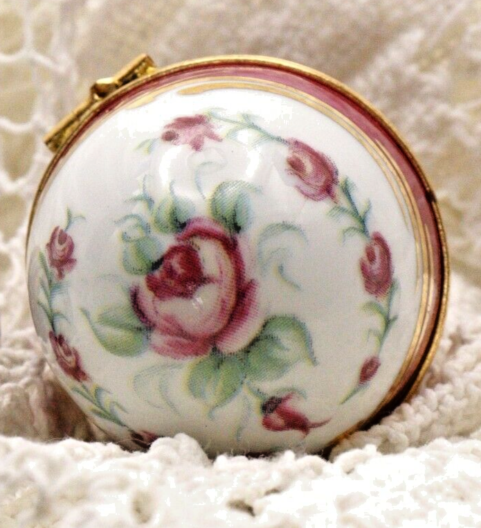Limoges, France. Artoria. Egg shaped trinket box with roses - LADYBIRD LAUGH