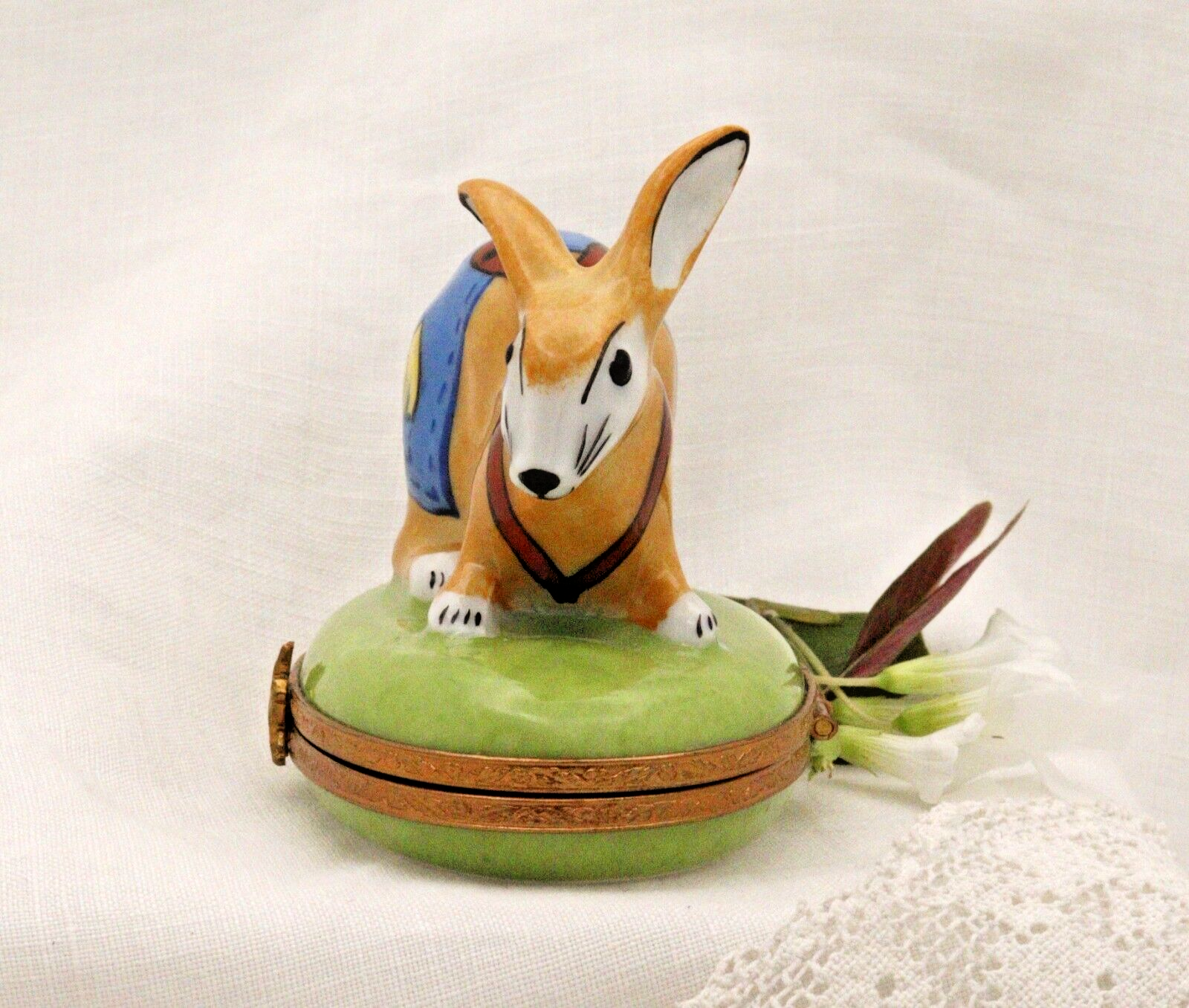 Limoges, Peint Main, Signed  Bunny Rabbit in overalls Rabbit Clasp Carrots insid - LADYBIRD LAUGH