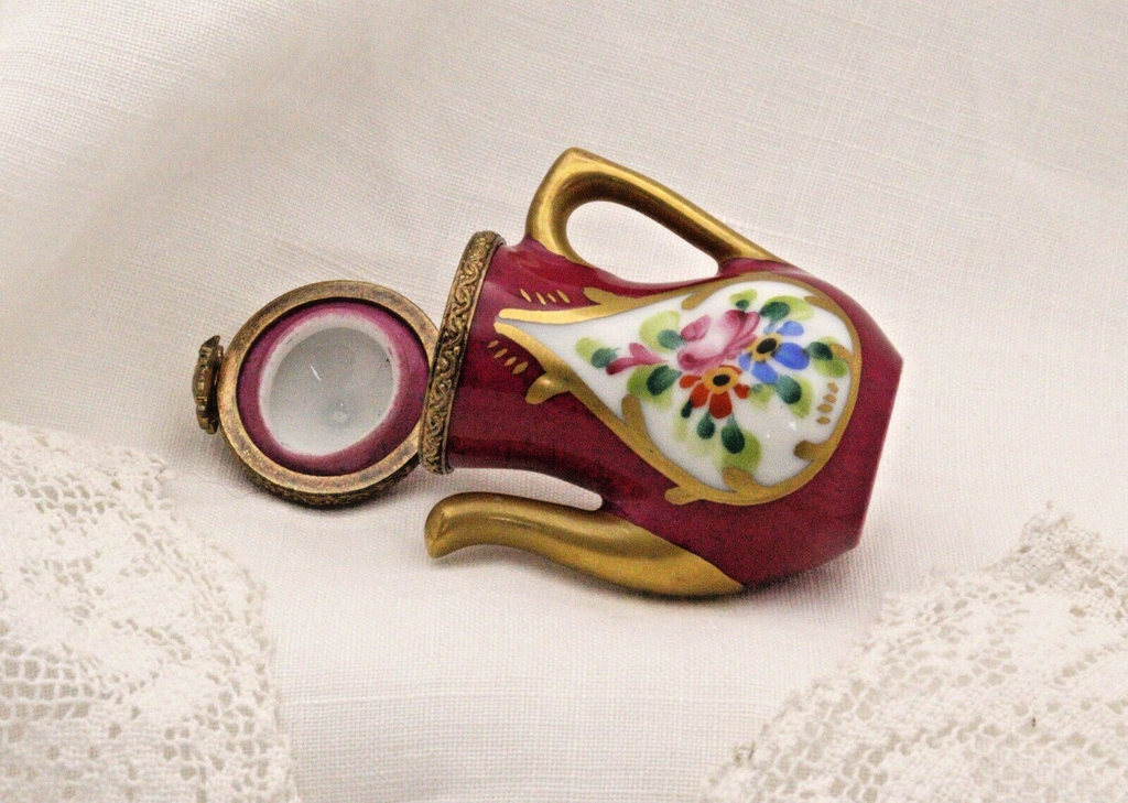 Limoges, France Peint Main Signed Burgundy Coffee Pot Flower Motif Gold Guilt - LADYBIRD LAUGH