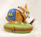 Limoges, Peint Main, Signed  Bunny Rabbit in overalls Rabbit Clasp Carrots insid - LADYBIRD LAUGH