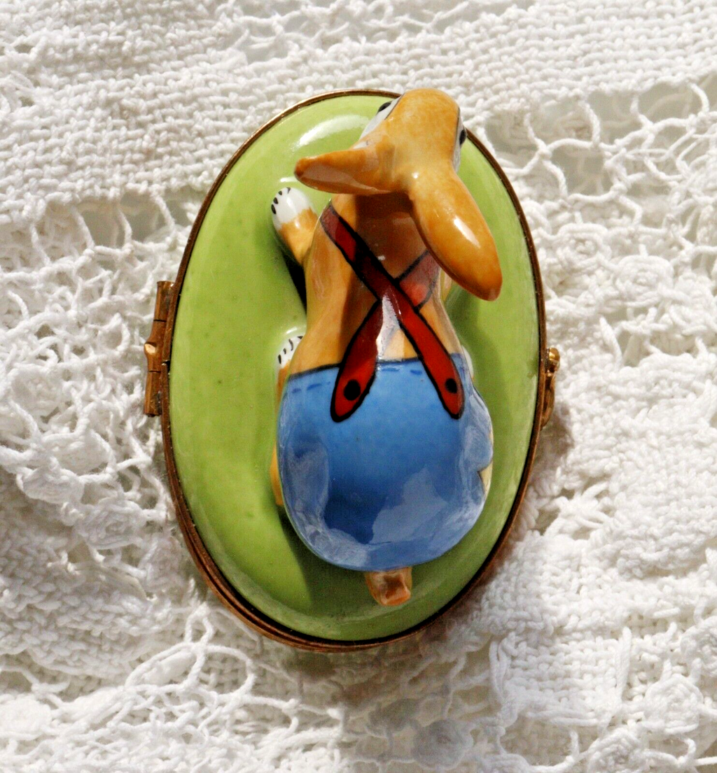 Limoges, Peint Main, Signed  Bunny Rabbit in overalls Rabbit Clasp Carrots insid - LADYBIRD LAUGH