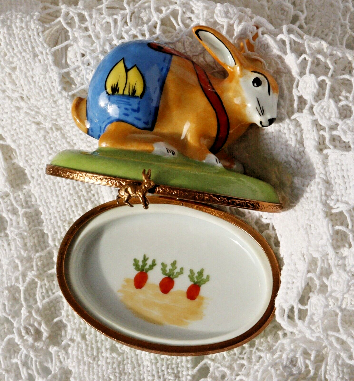 Limoges, Peint Main, Signed  Bunny Rabbit in overalls Rabbit Clasp Carrots insid - LADYBIRD LAUGH