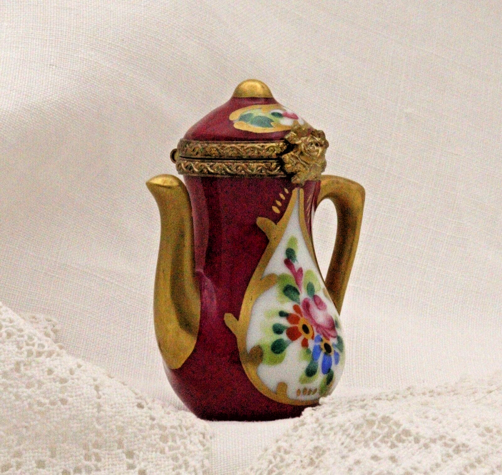 Limoges, France Peint Main Signed Burgundy Coffee Pot Flower Motif Gold Guilt - LADYBIRD LAUGH