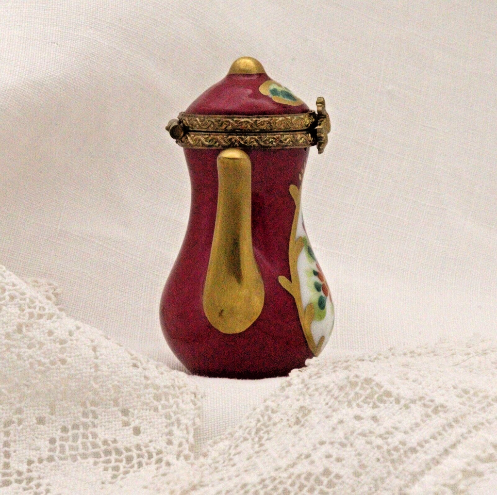 Limoges, France Peint Main Signed Burgundy Coffee Pot Flower Motif Gold Guilt - LADYBIRD LAUGH